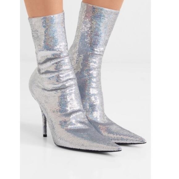 #BALENCIAGA Metallic Silver Sequin Knife Mid Length Boots 40 - Picture 1 of 7